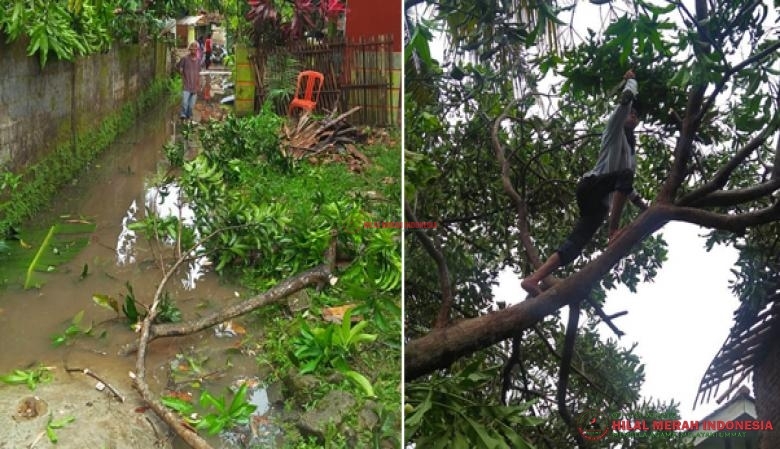 Laskar DPC FPI Labuan dan DPW FPI Pandeglang membantu membersihkan reruntuhan puting beliung yang menimpa atap rumah warga
