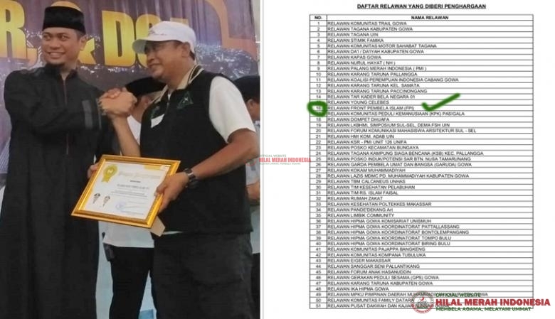 Relawan Front Pembela Islam (FPI) Raih Penghargaan dari Bupati Gowa, Adnan Purichta Ichsan Yasin Limpo saat menanggulangi bencana banjir bandang dan tanah longsor di Kabupaten Gowa.