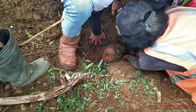 Salah satu anak sedang diangkat warga dari longsoran tanah yang menimbun tubuhnya